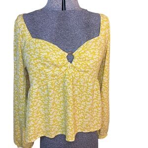 American Eagle Outfitters yellow floral long-sleeve sweetheart babydoll blouse.